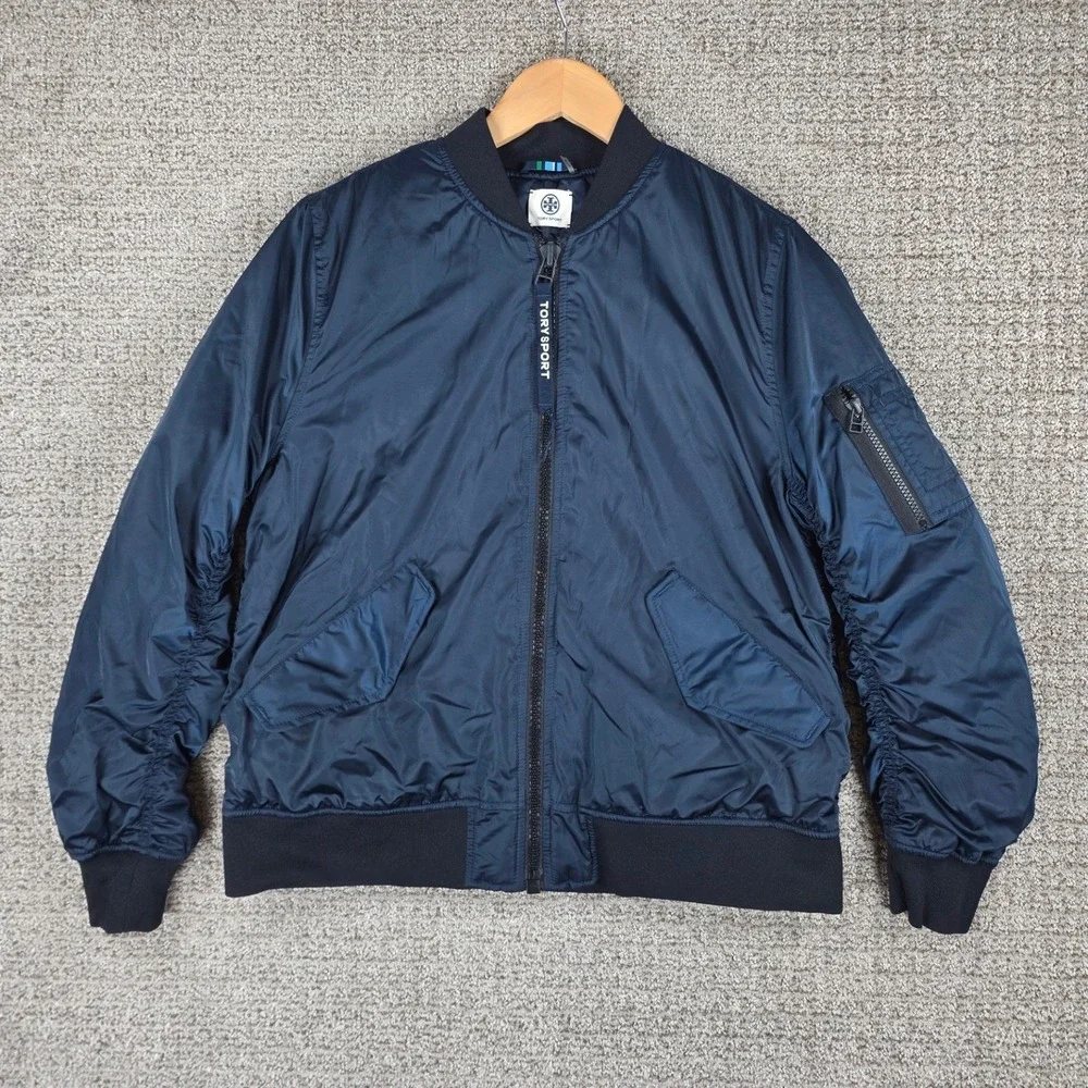 Tory Sport Women Blue Bomber Jacket Full Zip Pockets Athletic Outerwear Small